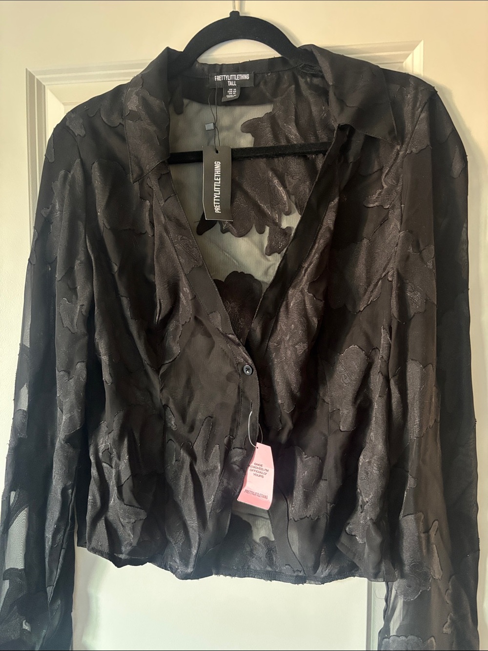 PrettyLittleThing Black Sheer Floral Button-Down Blouse + Skirt Size Tall